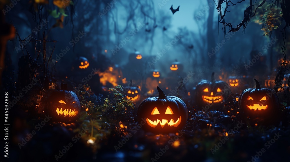 A Spooky Night With Glowing Jack-O-Lanterns in The Woods A Spooky Night With Glowing Jack-O-Lanterns in The Woods