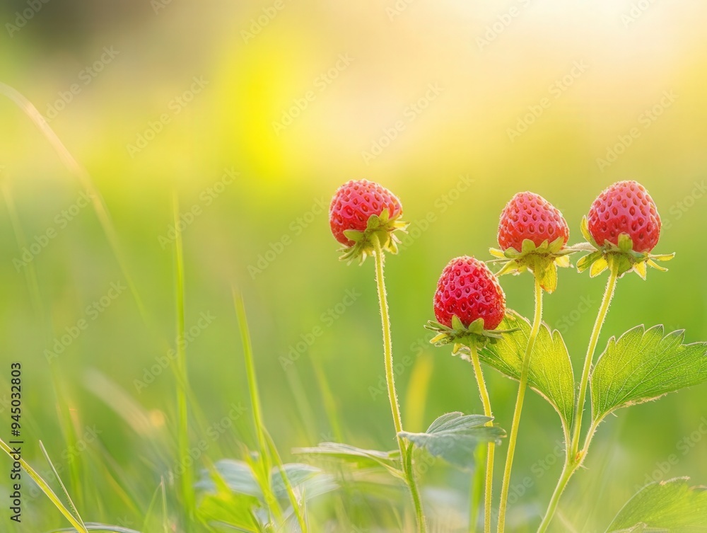 Fresh strawberries ripening in a sunlit green field during late spring Fresh strawberries ripening in a sunlit green field during late spring