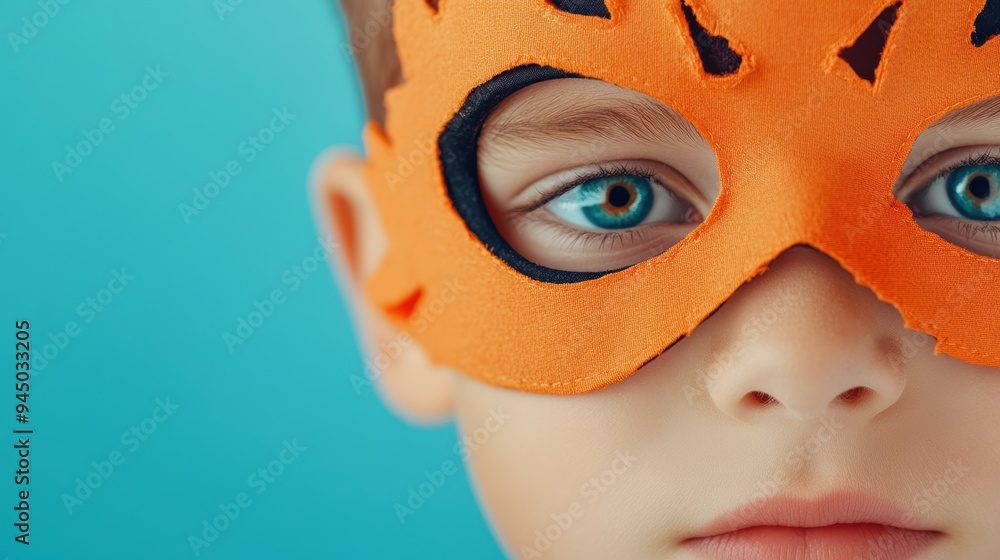 A close up shot of a child face, masked and costumed, looking excited about Halloween. A close up shot of a child face, masked and costumed, looking excited about Halloween.
