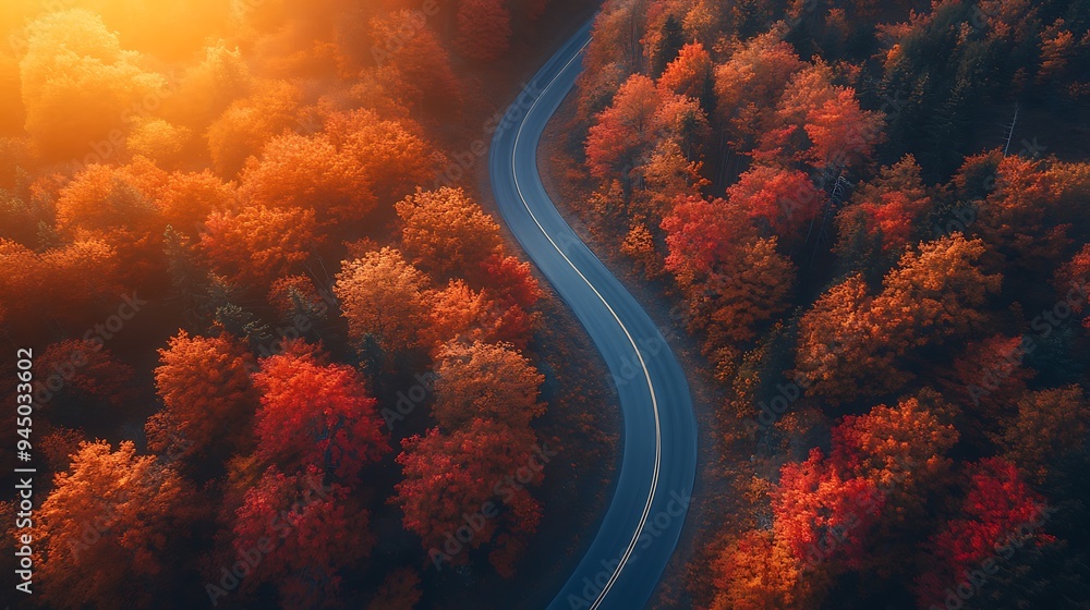 Serene Autumn Drive: Aerial View of Winding Mountain Road through Forest at Sunset with Vibrant Fall Foliage Serene Autumn Drive: Aerial View of Winding Mountain Road through Forest at Sunset with Vibrant Fall Foliage