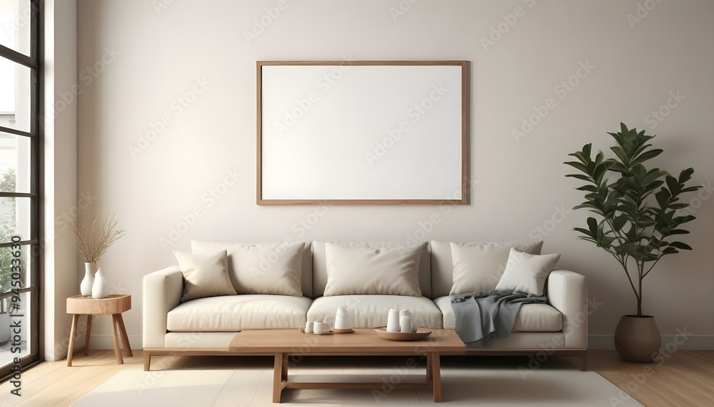A minimalist living room with a large beige sofa, wooden coffee table, and a blank framed wall art. A minimalist living room with a large beige sofa, wooden coffee table, and a blank framed wall art.
