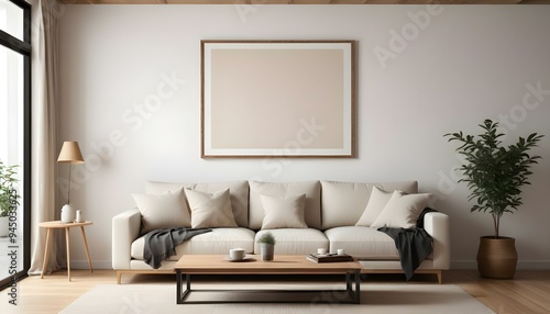 Fototapeta Naklejka Na Ścianę i Meble -  A minimalist living room with a large beige sofa, wooden coffee table, and a blank framed wall art.
