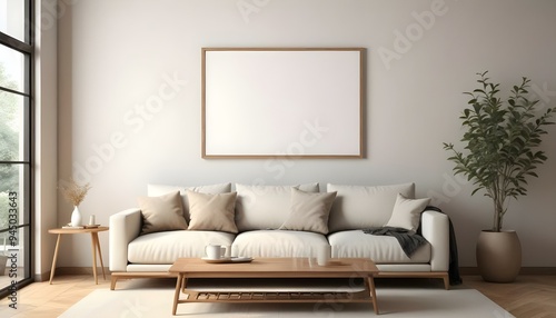 A minimalist living room with a large beige sofa, wooden coffee table, and a blank framed wall art.