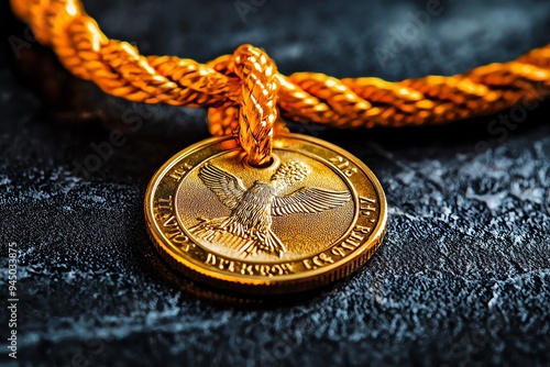 Close-up of a gold medal with an intricate design and braided rope, symbolizing achievement and recognition.