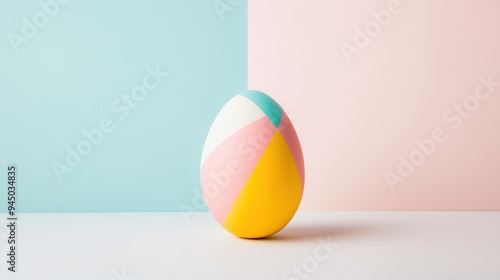 A minimalist composition of a single, perfectly symmetrical Easter egg, painted in a bold, geometric pattern, set against a clean white background.