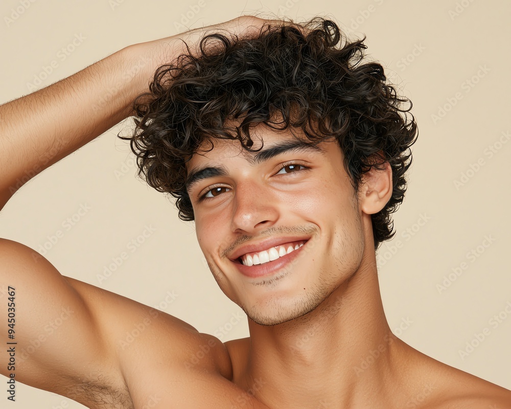 A smiling young man with curly hair posing confidently, showcasing a vibrant and joyful energy, perfect for lifestyle imagery.