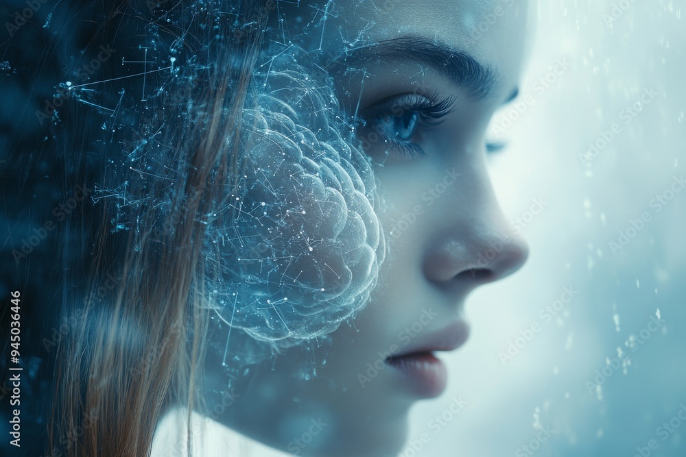 Fototapeta premium Close up portrait of a woman with a translucent brain overlay highlighting the connection between human thought and emotion in a serene and introspective atmosphere
