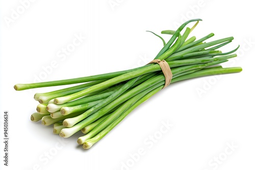 A bundle of fresh green onions tied together, commonly used in cooking and garnishing.