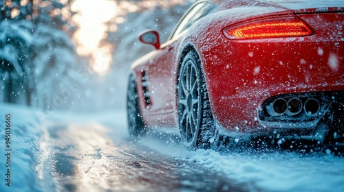 Close-up of the wheels of a car with winter tires on a snowy road in the forest