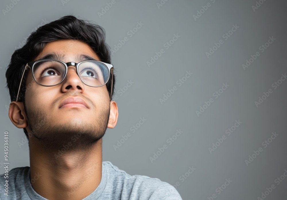 A student wearing glasses, looking thoughtful, with empty space on the right side for copy A student wearing glasses, looking thoughtful, with empty space on the right side for copy