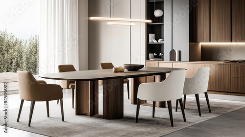 Minimalist dining table paired with modern chairs, creating a sleek and contemporary