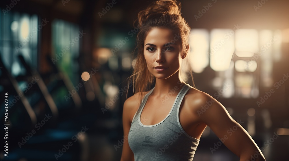 Fototapeta premium A fit individual poses in a gym, showcasing strength and dedication to fitness.