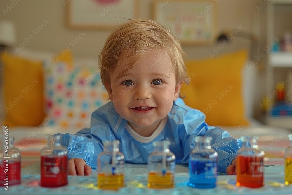 A cheerful toddler in a blue gown smiles while playing with colorful bottles in a lively indoor setting during the day A cheerful toddler in a blue gown smiles while playing with colorful bottles in a lively indoor setting during the day