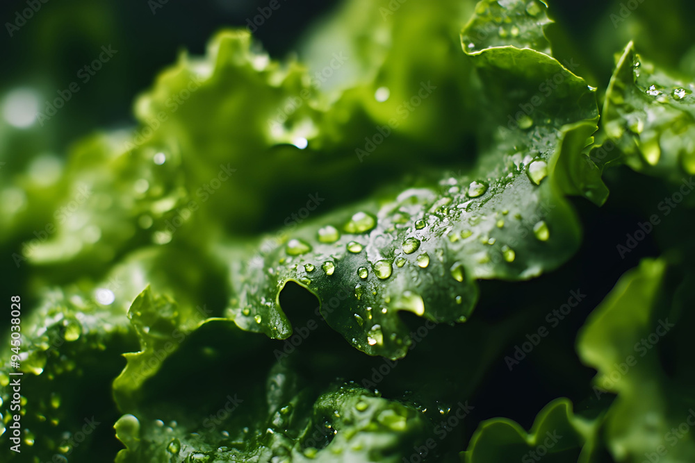 A close-up of dewy green lettuce leaves A close-up of dewy green lettuce leaves