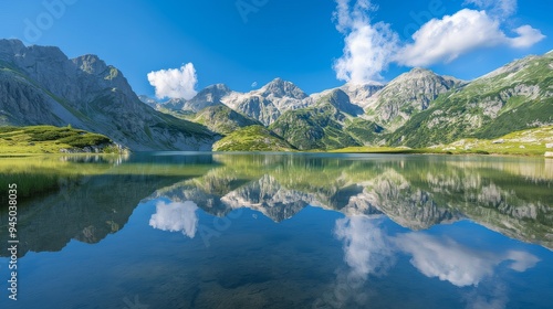 Tranquil mountain landscape reflecting vibrant blue skies and peaks in a serene lake during a bright sunny day