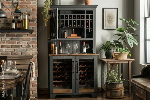 South Shore Grey Wood Wine Cabinet with Storage Shelves and Open Top Shelf in Living Room Setting