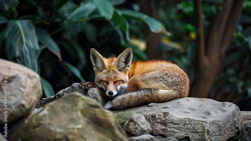 Obraz premium A chin fox resting on a heap of rocks in a rainforest