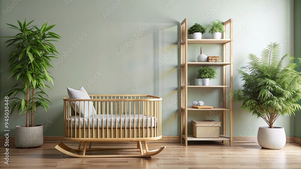 A serene nursery setting with a bamboo rocking cradle, wooden bookshelf, and greenery exuding tranquility and nurturing environment A serene nursery setting with a bamboo rocking cradle, wooden bookshelf, and greenery exuding tranquility and nurturing environment