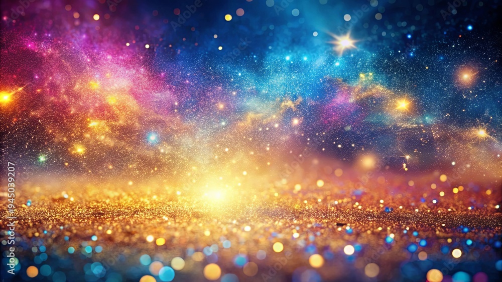 Abstract galaxy background with colorful glitter and sparkles in vibrant golden pink and blue hues
