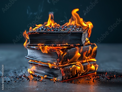 A stack of burning books creates a striking contrast against a dark backdrop, symbolizing destruction and loss of knowledge. photo