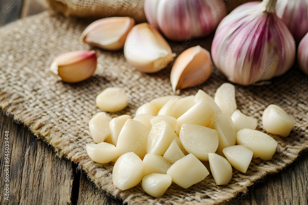 A pile of garlic cloves on a rustic table A pile of garlic cloves on a rustic table