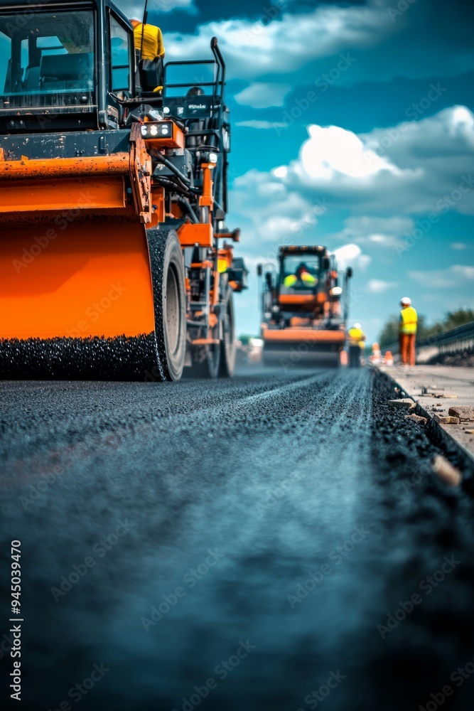 An asphalt paver in action on a highway construction site. Workers and construction equipment are visible around the machine An asphalt paver in action on a highway construction site. Workers and construction equipment are visible around the machine
