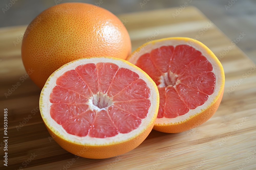 A sectioned grapefruit with a bright pink center A sectioned grapefruit with a bright pink center