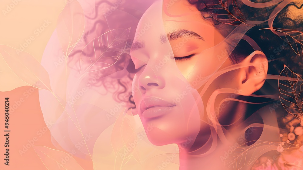 A serene and simple illustration of a lady with natural curls and a gentle smile, surrounded by abstract shapes and soft hues, creating a peaceful and inviting atmosphere. 8k UHD, suitable for A serene and simple illustration of a lady with natural curls and a gentle smile, surrounded by abstract shapes and soft hues, creating a peaceful and inviting atmosphere. 8k UHD, suitable for