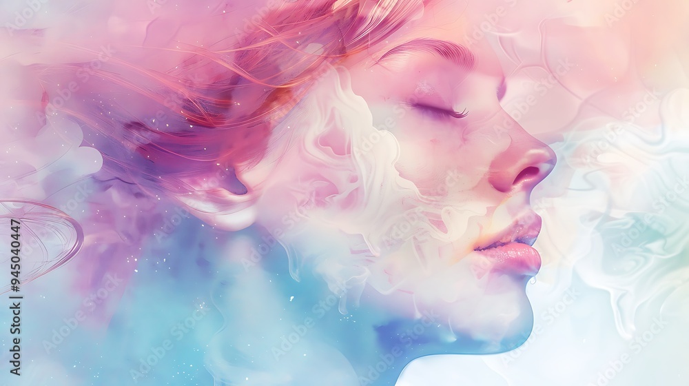 A soft and dreamy illustration of a lady with closed eyes, her hair gently flowing in the breeze, depicted in pastel tones with a watercolor effect, giving a calm and peaceful vibe. 8k UHD, A soft and dreamy illustration of a lady with closed eyes, her hair gently flowing in the breeze, depicted in pastel tones with a watercolor effect, giving a calm and peaceful vibe. 8k UHD,