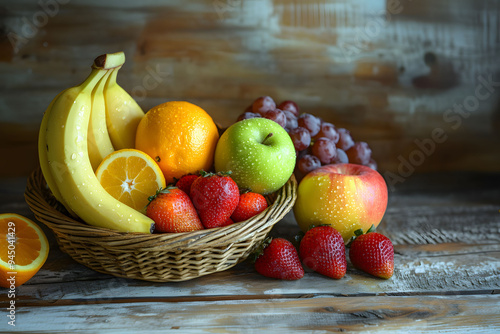 A wicker basket filled with an assortment of fresh fruits photo