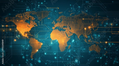 Futuristic world map illustration with glowing circuits and digital elements.