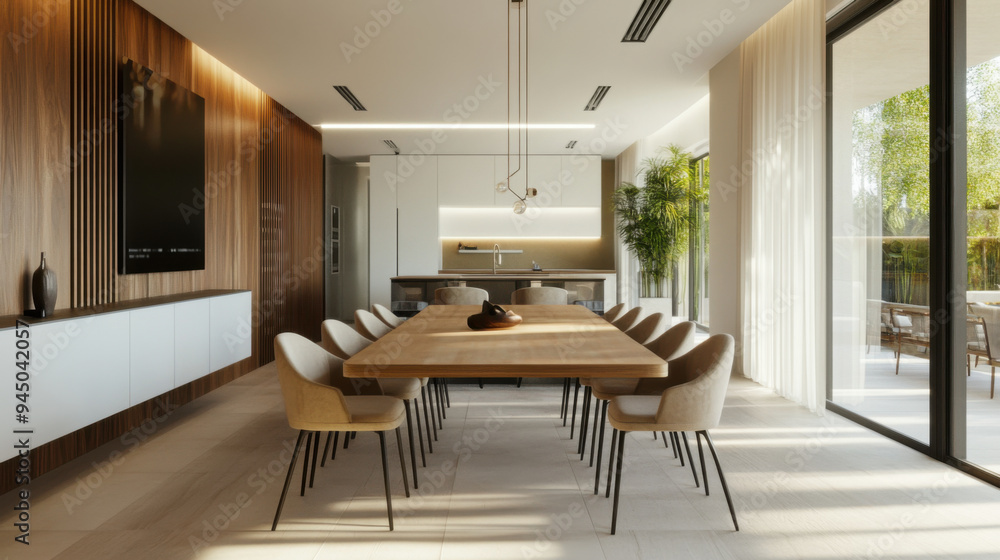 Fototapeta premium Modern dining table with a simple design paired with elegant chairs, set in a bright