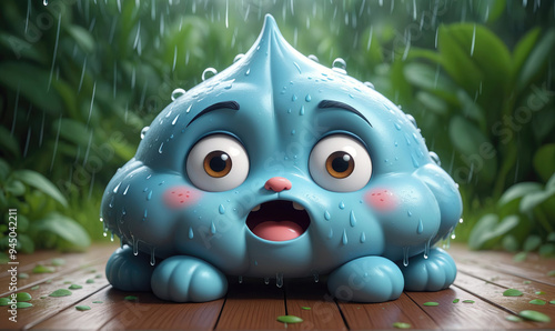 A cute, blue raincloud character sits on a wooden deck in the rain, looking up at the sky photo