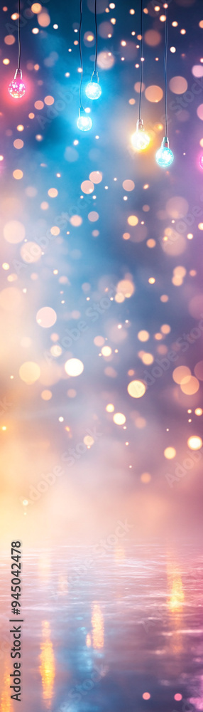 A colorful lighted backdrop with a blue sky and a white background. The lights are hanging from the ceiling and are in different colors. Scene is festive and celebratory A colorful lighted backdrop with a blue sky and a white background. The lights are hanging from the ceiling and are in different colors. Scene is festive and celebratory