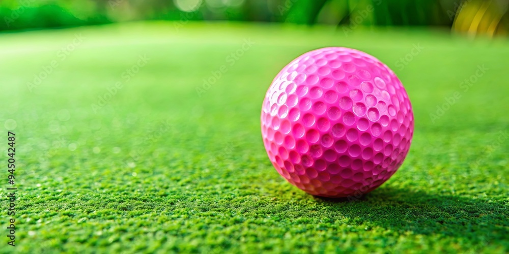 Naklejka premium Single pink golf ball on green putting green representing precision focus and goal pursuit