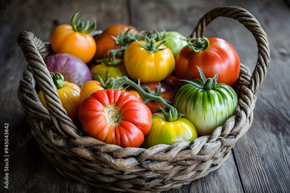 Colorful heirloom tomatoes in a rustic basket Colorful heirloom tomatoes in a rustic basket