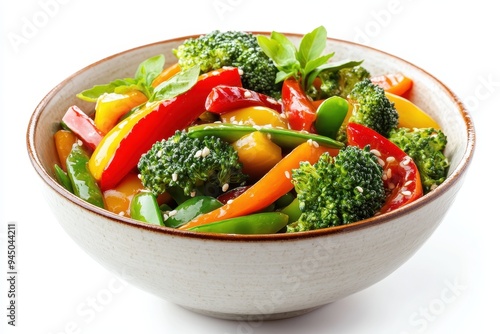 A vibrant bowl of mixed vegetables, including broccoli, bell peppers, and snap peas.