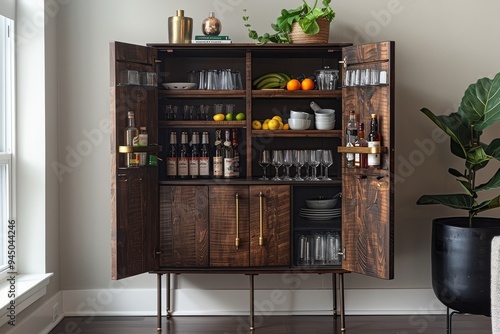 Industrial west mercantile bar cabinet with brass hardware, dark wood finish, and cast iron legs, featuring spacious storage and decorative top surface. photo