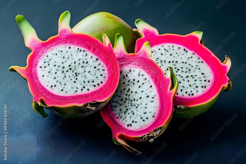 Dragon fruit sliced open to reveal its vibrant interim