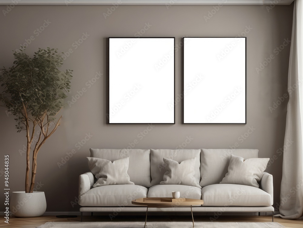 Modern Living Room Interior with White Sofa and Two Blank Frames Modern Living Room Interior with White Sofa and Two Blank Frames