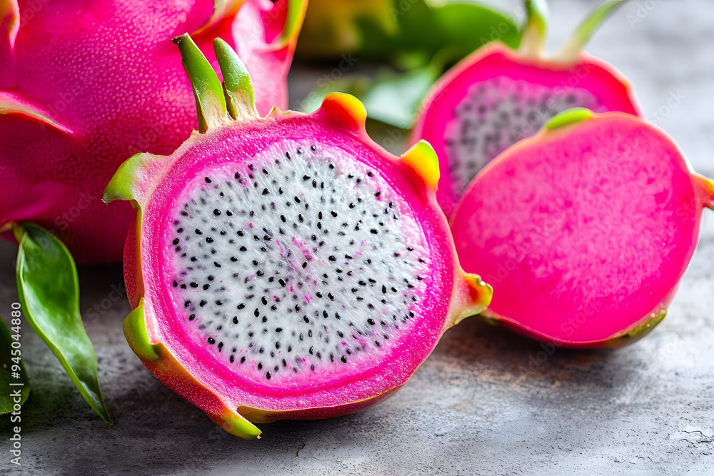 Dragon fruit sliced open to reveal its vibrant interim Dragon fruit sliced open to reveal its vibrant interim