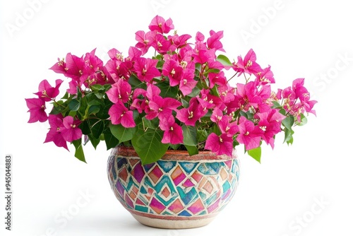 A vibrant bougainvillea plant in a decorative pot, showcasing colorful blooms and lush foliage.