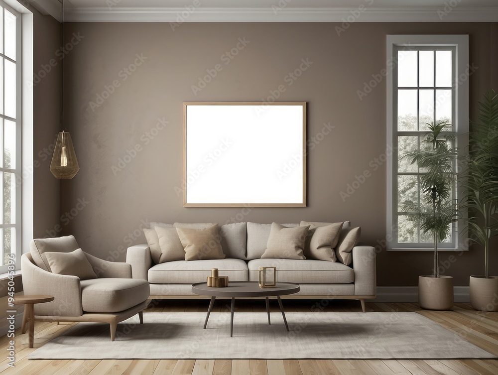 Modern living room with a beige sofa and a framed picture Modern living room with a beige sofa and a framed picture