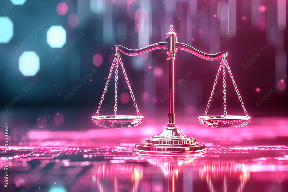A scale with a chain hanging from it is on a pink background A scale with a chain hanging from it is on a pink background