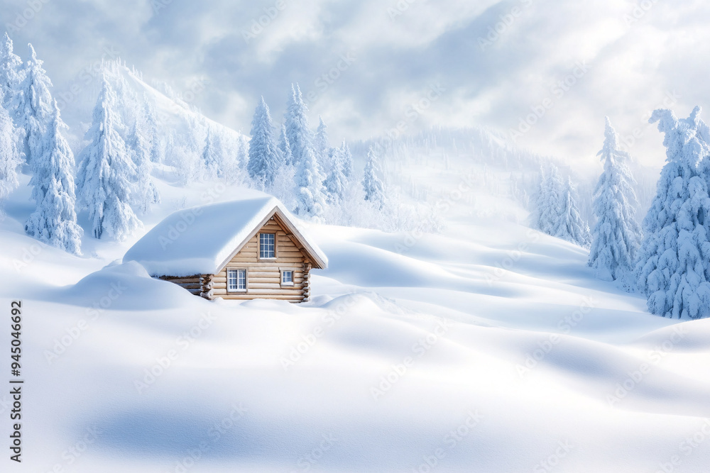 Fototapeta premium A small cabin is covered in snow and sits in the middle of a snowy field. The cabin is surrounded by trees and the sky is cloudy. The scene is peaceful and serene, with the snow covering the ground