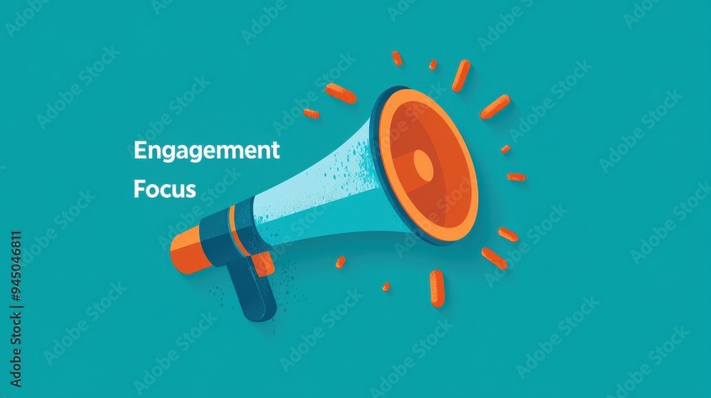 Illustration of a megaphone on a teal background with the words Engagement Focus, representing communication and marketing concept. Illustration of a megaphone on a teal background with the words Engagement Focus, representing communication and marketing concept.