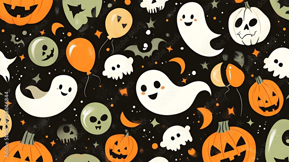 A playful Halloween-themed pattern featuring ghosts, pumpkins, and skulls. A playful Halloween-themed pattern featuring ghosts, pumpkins, and skulls.