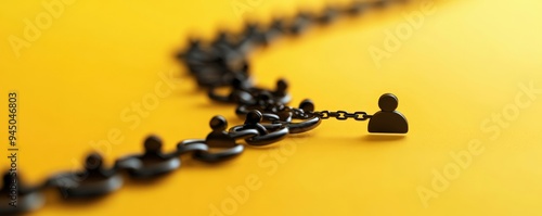 Close-up of a black chain on a yellow background symbolizing connection, unity, and teamwork with a human figure link. photo