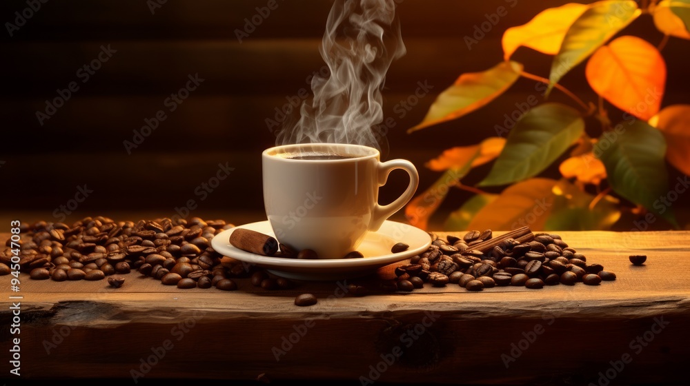 Cup of coffee with smoke and coffee beans on black background. Neural network ai generated art Cup of coffee with smoke and coffee beans on black background. Neural network ai generated art