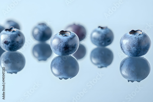 Perfectly round blueberries spread across a mirrored